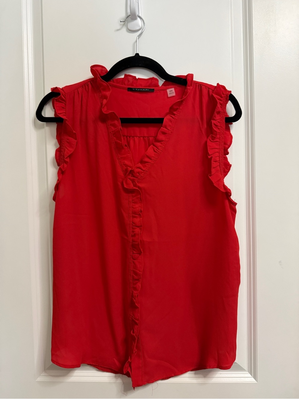 Tahari Vibrant Red Ruffle V-Neck Sleeveless Blouse